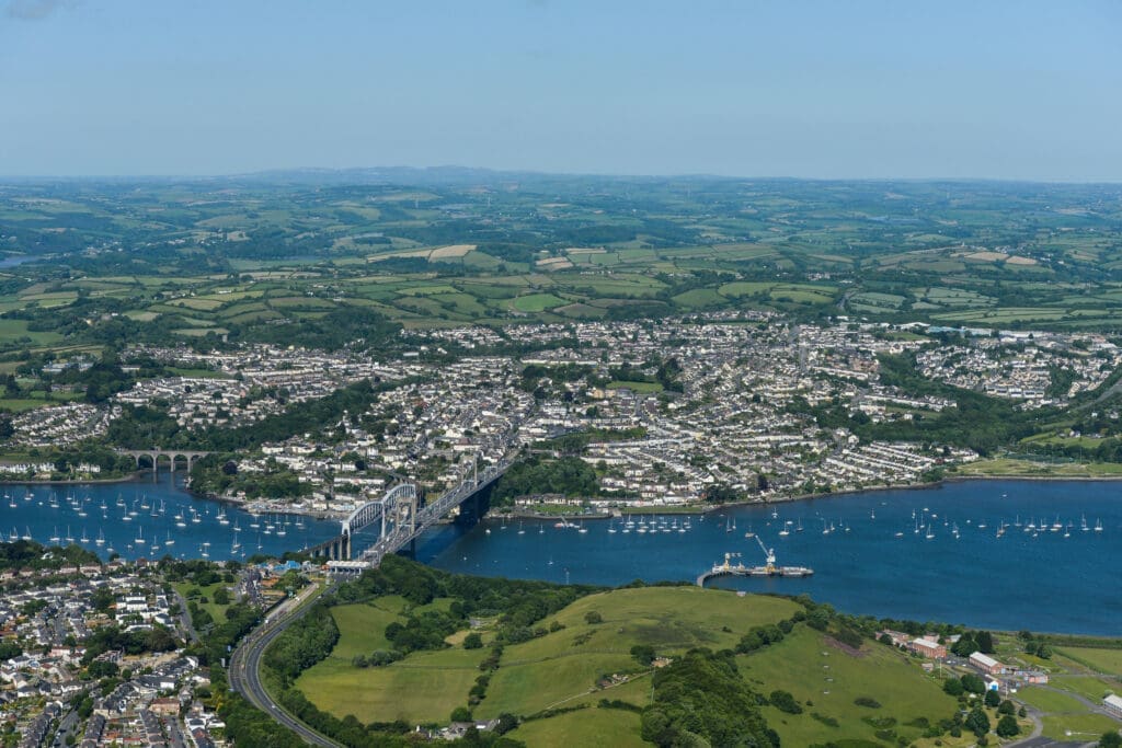 An aerial view of the Cornish town of Saltash and the River Tamar