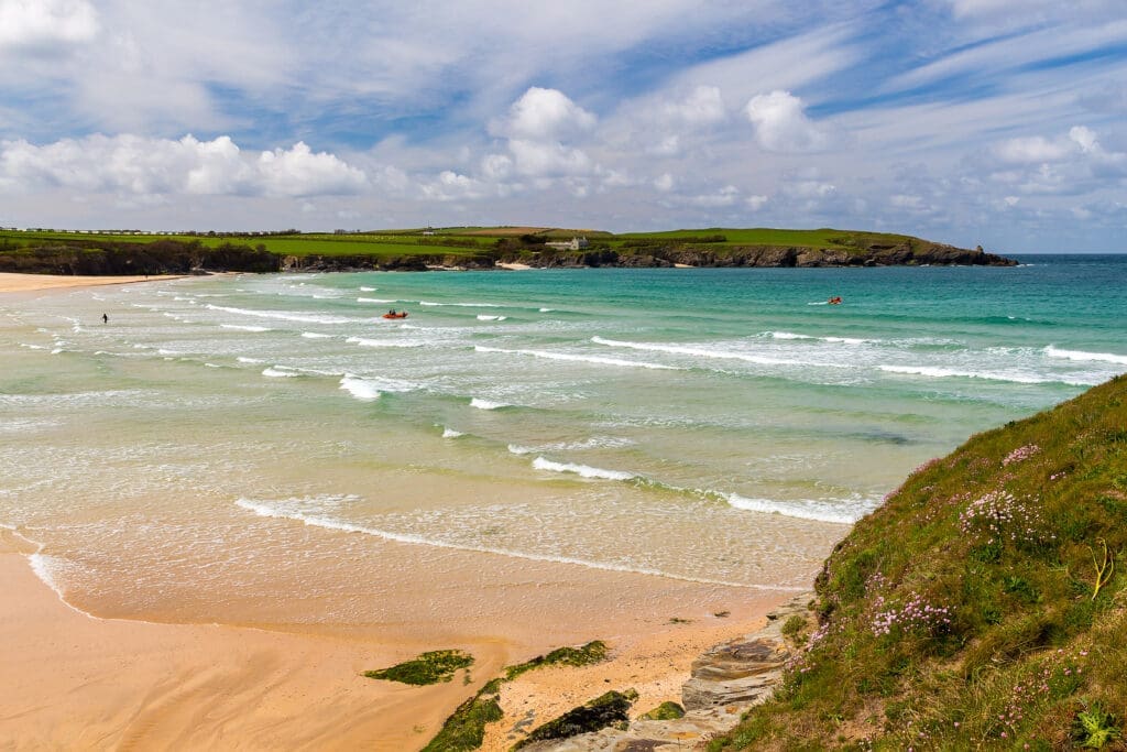 A popular destination on the rugged North Cornwall coast - Harlyn Bay Beach, near Padstow, Cornwall